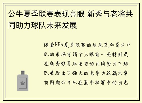 公牛夏季联赛表现亮眼 新秀与老将共同助力球队未来发展