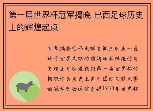 第一届世界杯冠军揭晓 巴西足球历史上的辉煌起点